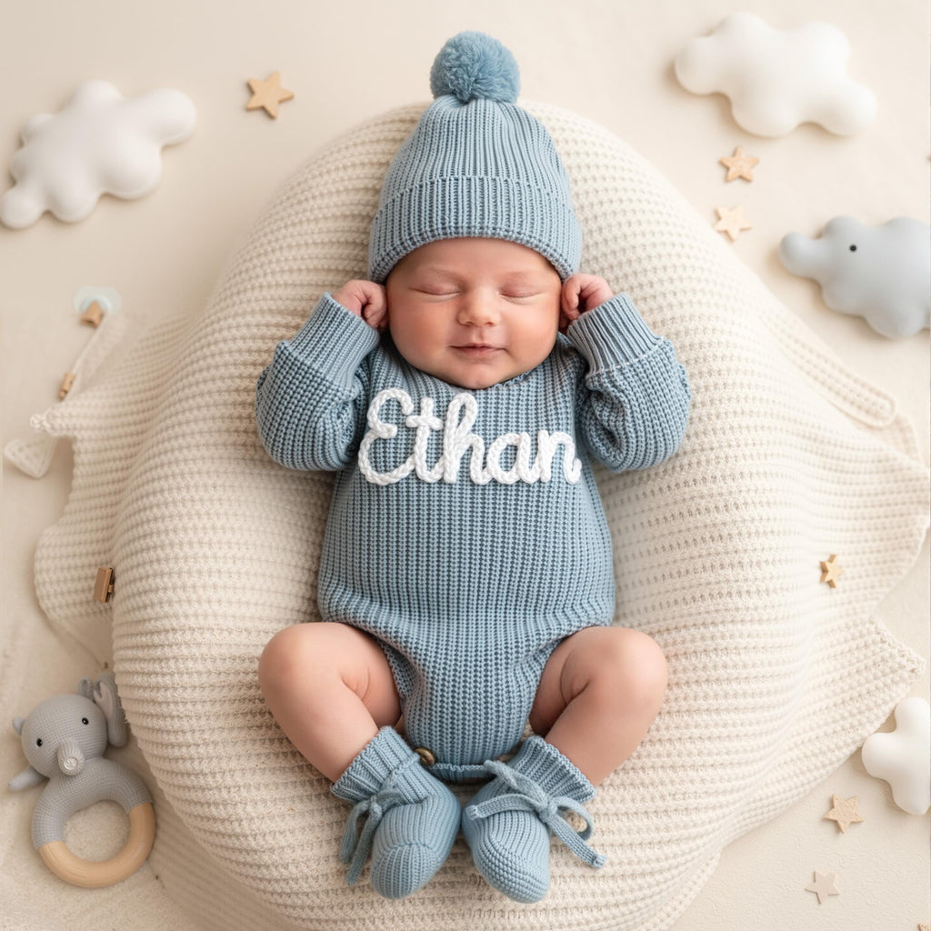 Hand Embroidered Name Baby Romper