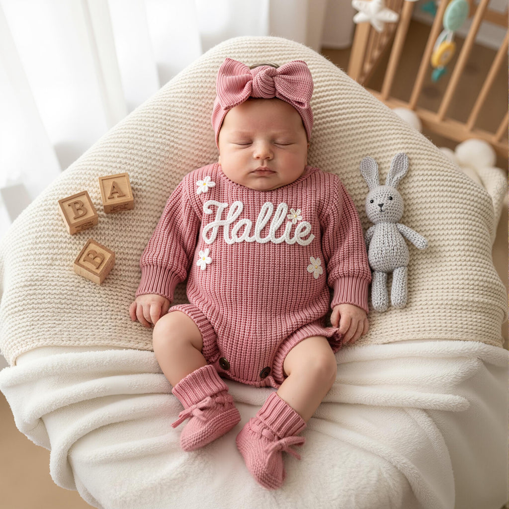 Hand Embroidered Name Baby Romper