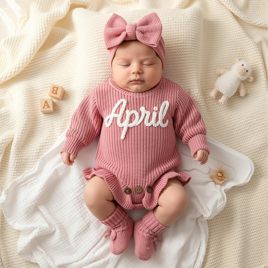 Hand Embroidered Name Baby Romper