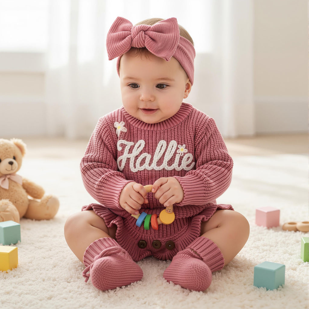 Hand Embroidered Name Baby Romper