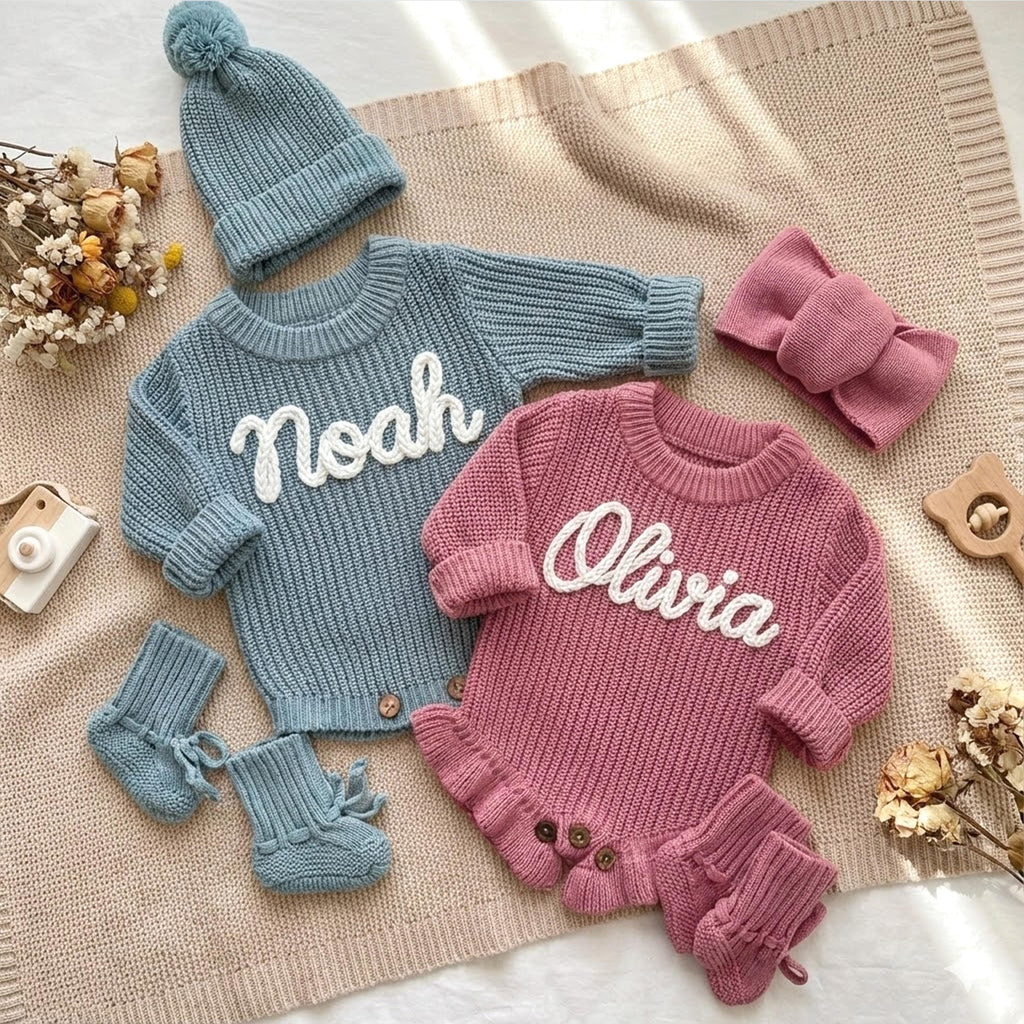 Hand Embroidered Name Baby Romper