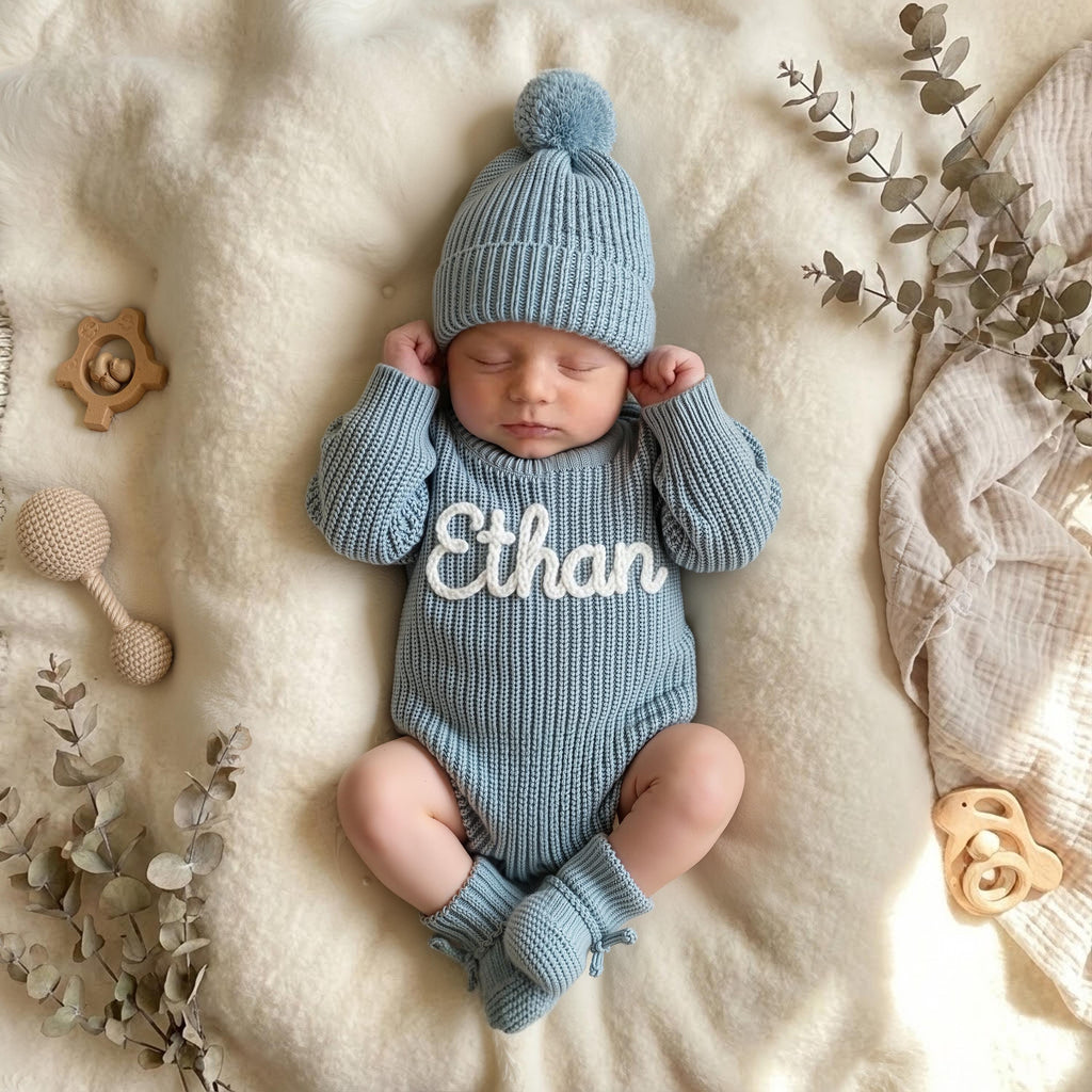 Hand Embroidered Name Baby Romper